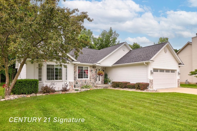 11315 Grand Oaks Dr, Clio, MI 48420 - view of front of home with stone siding, a garage, a shingled roof, and a front lawn