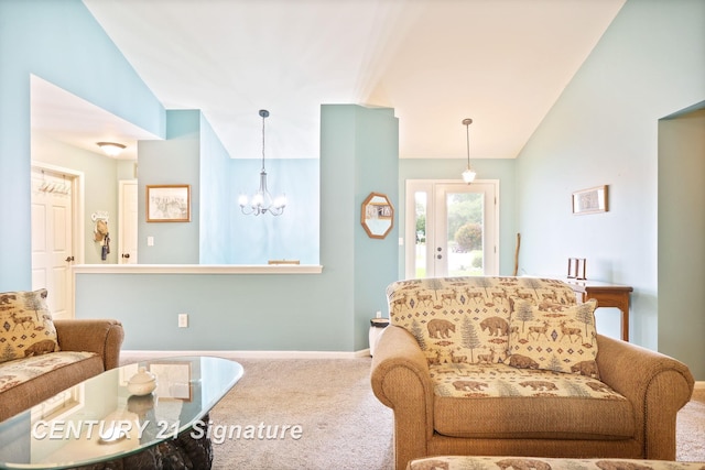 11315 Grand Oaks Dr, Clio, MI 48420 - carpeted living area with a chandelier and vaulted ceiling