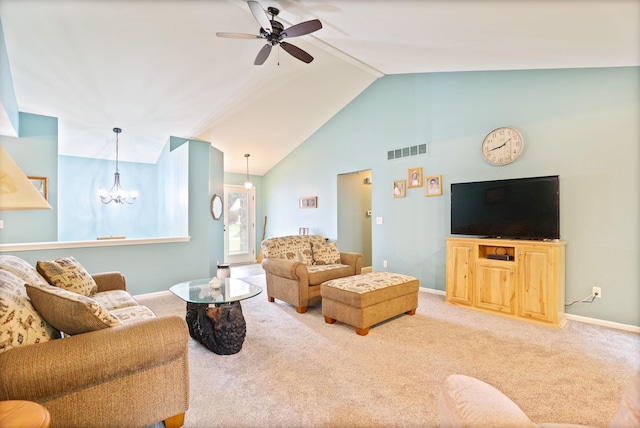 11315 Grand Oaks Dr, Clio, MI 48420 - living room featuring ceiling fan, carpet flooring, a chandelier, and high vaulted ceiling