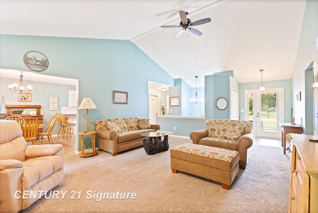 11315 Grand Oaks Dr, Clio, MI 48420 - carpeted living area featuring a chandelier, a ceiling fan, and high vaulted ceiling