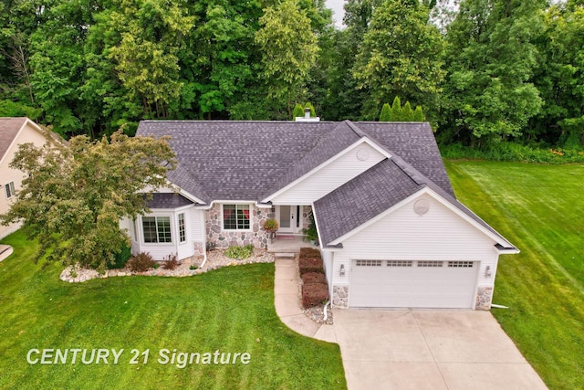 11315 Grand Oaks Dr, Clio, MI 48420 - view of front of home with stone siding, roof with shingles, an attached garage, a front yard, and concrete driveway