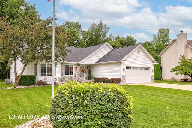 11315 Grand Oaks Dr, Clio, MI 48420 - view of front of house featuring an attached garage, driveway, a front yard, stone siding, and roof with shingles