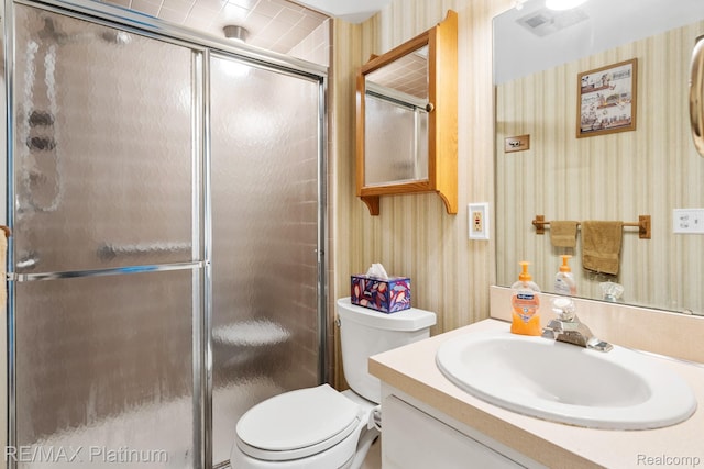 17979 University Park Dr, Livonia, MI 48152 - bathroom with wallpapered walls, vanity, and a shower stall