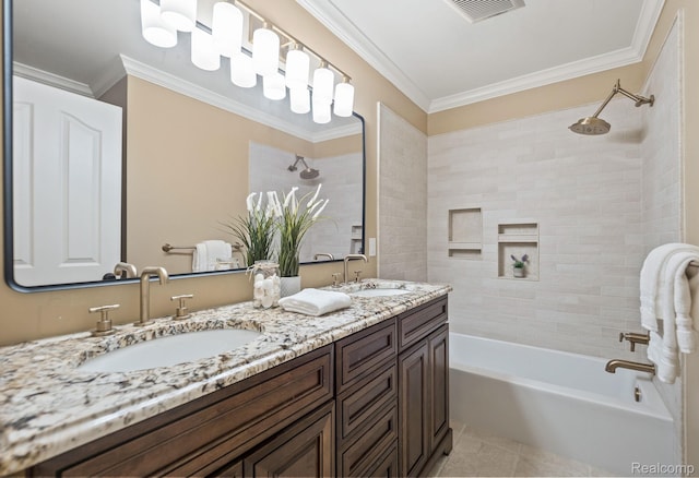 1257 Lake Shore Blvd, Lake Orion, MI 48362 - bathroom with double vanity, shower / tub combination, tile patterned flooring, and crown molding