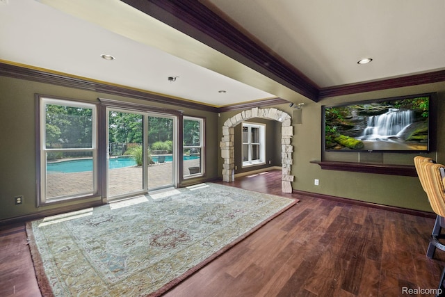1257 Lake Shore Blvd, Lake Orion, MI 48362 - living area featuring ornamental molding, arched walkways, wood finished floors, and recessed lighting