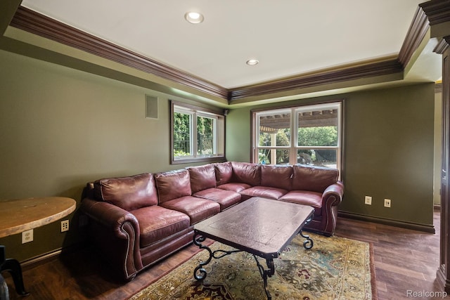 1257 Lake Shore Blvd, Lake Orion, MI 48362 - living room with ornamental molding, recessed lighting, wood finished floors, and a raised ceiling