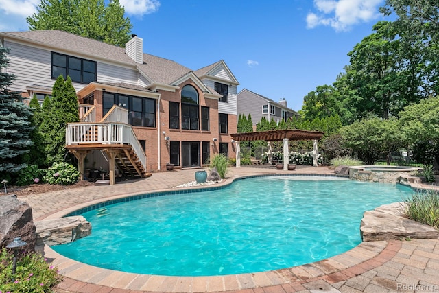 1257 Lake Shore Blvd, Lake Orion, MI 48362 - view of pool with a sunroom, a pergola, stairs, a patio area, and a pool with connected hot tub