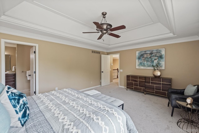 1257 Lake Shore Blvd, Lake Orion, MI 48362 - bedroom with a raised ceiling, light carpet, crown molding, and a ceiling fan