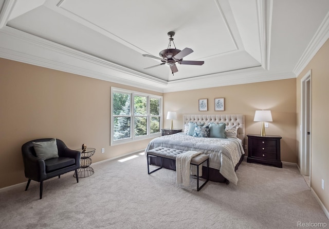 1257 Lake Shore Blvd, Lake Orion, MI 48362 - bedroom with a tray ceiling, crown molding, light carpet, and a ceiling fan