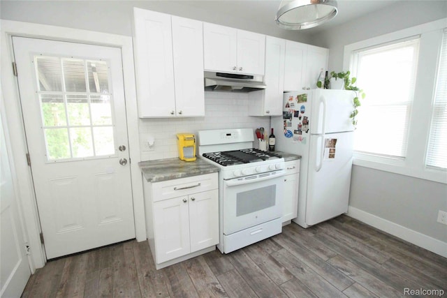 1324-1322 Wayburn St, Grosse Pointe, MI 48230 - kitchen featuring white appliances, under cabinet range hood, white cabinets, tasteful backsplash, and dark wood-style floors