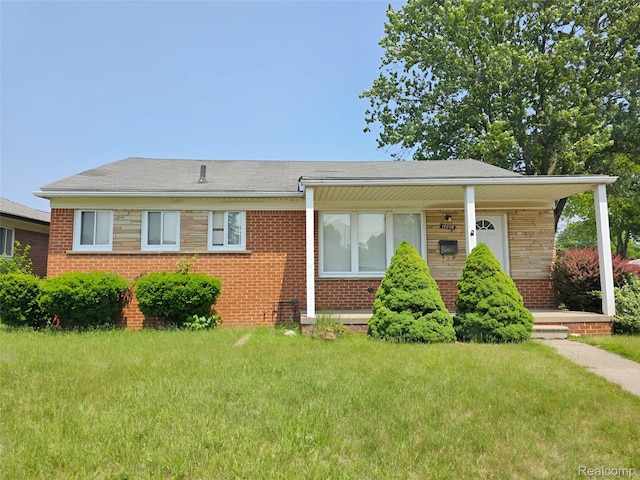 11245 Mae Ave, Warren, MI 48089 - view of front of property featuring brick siding, a front lawn, roof with shingles, and a porch