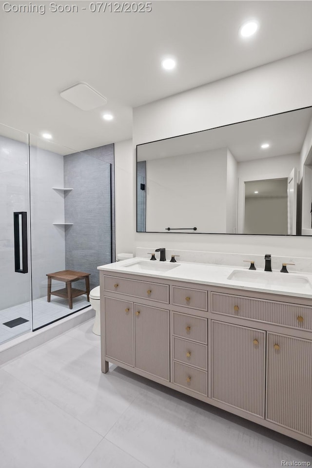 3539 Walbri Dr, Bloomfield Hills, MI 48304 - bathroom with double vanity, recessed lighting, walk in shower, and tile patterned flooring