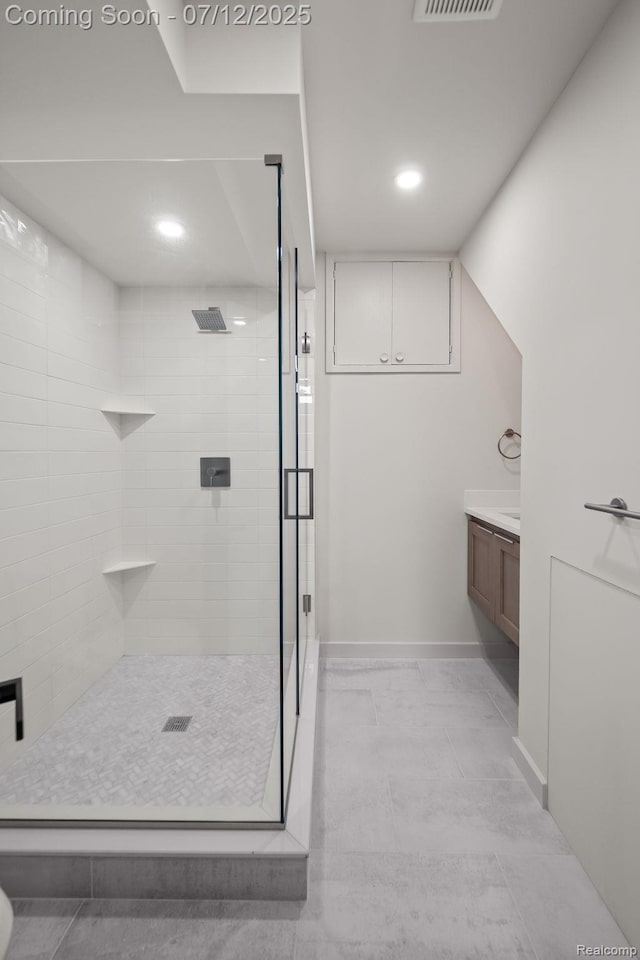 3539 Walbri Dr, Bloomfield Hills, MI 48304 - full bathroom with a stall shower, vanity, recessed lighting, and tile patterned flooring