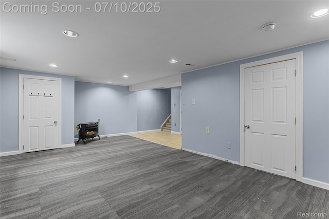 1868 Treadwell St, Westland, MI 48186 - finished below grade area featuring recessed lighting, stairs, a wood stove, and carpet flooring
