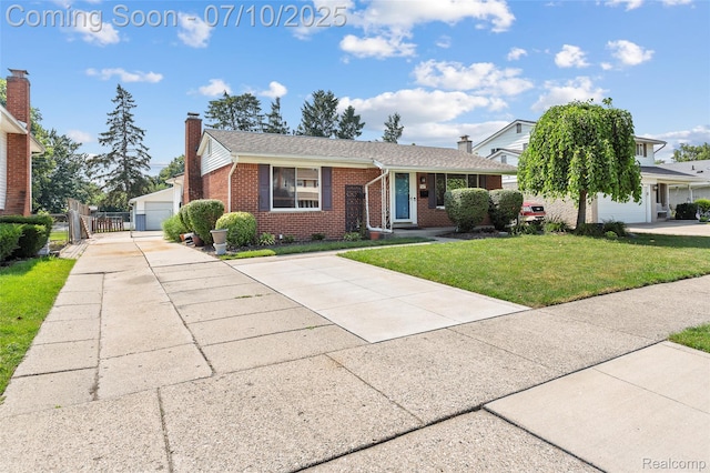 1868 Treadwell St, Westland, MI 48186 - view of front of house with a chimney, brick siding, a front yard, a garage, and a gate