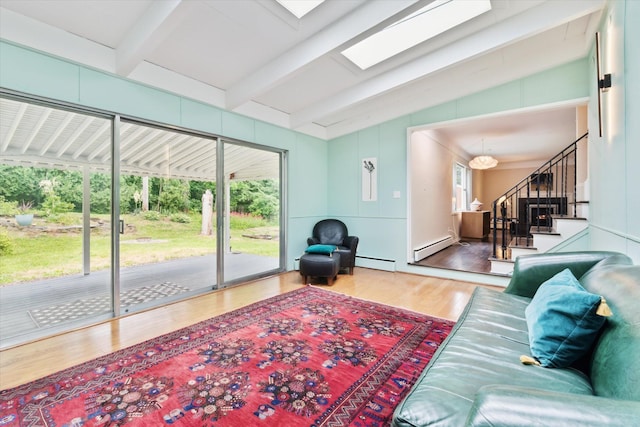 2422 Essex, Ann Arbor, MI 48104 - living room with wood finished floors, a baseboard radiator, and stairway