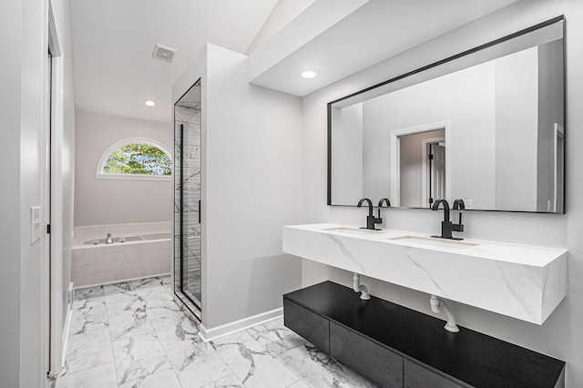 1721 Fountainview Ct SE, Caledonia, MI 49316 - bathroom with marble look tile flooring, a bath, recessed lighting, a shower stall, and double vanity