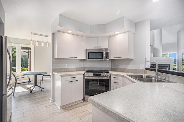 1721 Fountainview Ct SE, Caledonia, MI 49316 - kitchen with appliances with stainless steel finishes, plenty of natural light, a fireplace, white cabinets, and recessed lighting