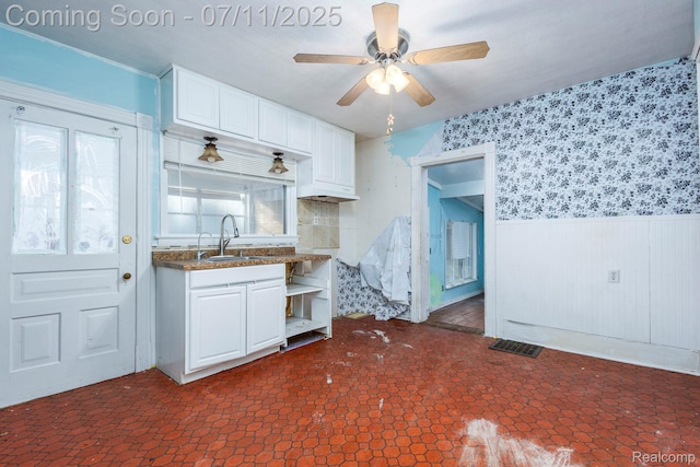 77 Hubbard St, Mount Clemens, MI 48043 - kitchen featuring white cabinetry, a wainscoted wall, ceiling fan, wallpapered walls, and open shelves