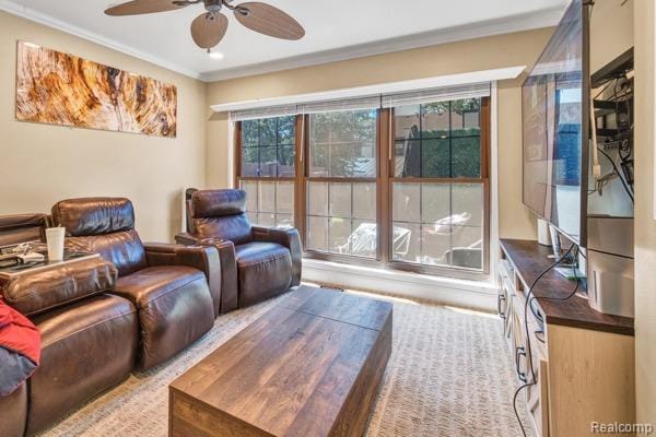 25279 Greenbrooke Dr, Southfield, MI 48033 - living area featuring a ceiling fan and ornamental molding