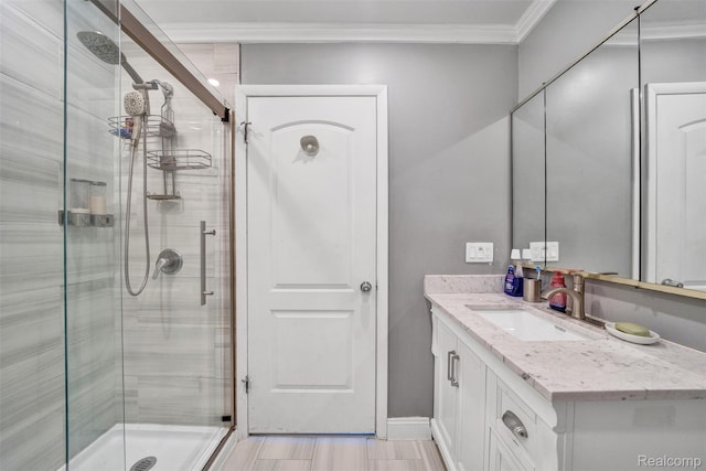 25279 Greenbrooke Dr, Southfield, MI 48033 - bathroom featuring a shower stall, vanity, and crown molding