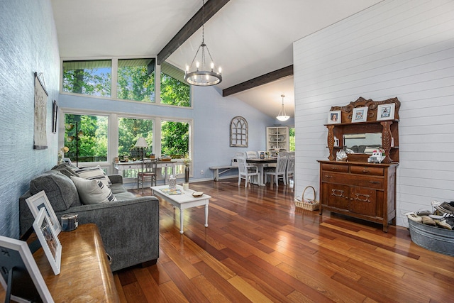 191 S Lake Doster Dr, Plainwell, MI 49080 - living area with a chandelier, hardwood / wood-style flooring, beamed ceiling, and high vaulted ceiling