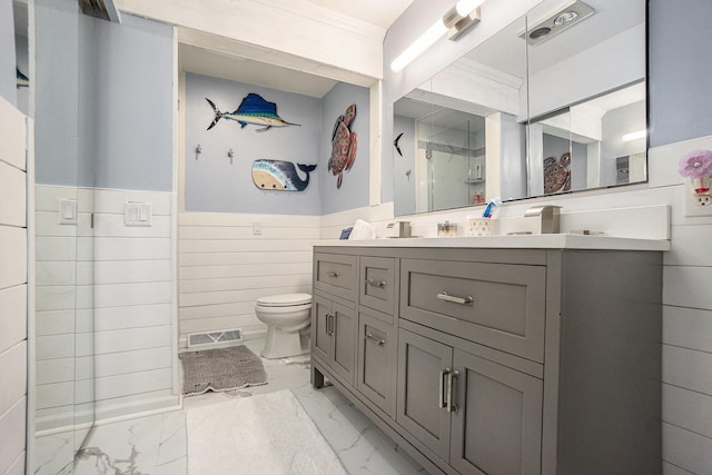 191 S Lake Doster Dr, Plainwell, MI 49080 - bathroom with marble finish flooring, tile walls, vanity, wainscoting, and ornamental molding