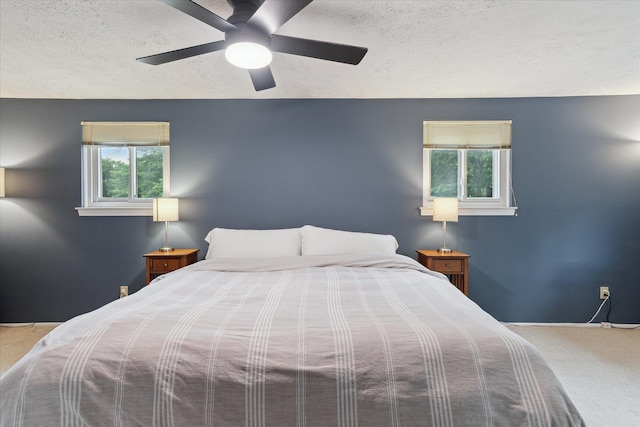 20955 Robinwood St, Farmington, MI 48336 - carpeted bedroom featuring multiple windows, a textured ceiling, and ceiling fan