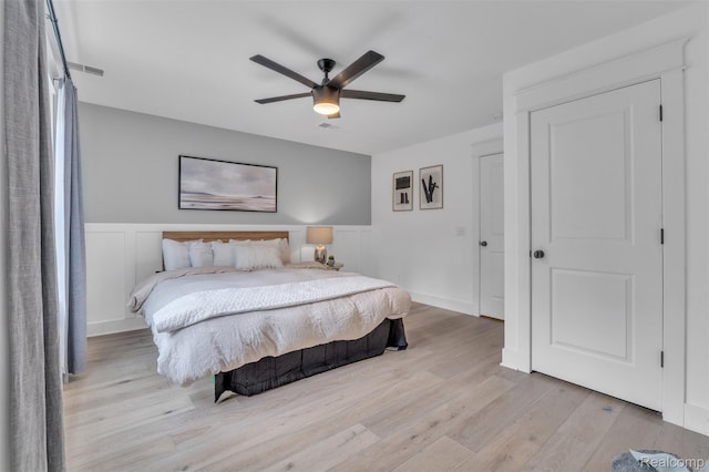 715 Gardenia Ave, Royal Oak, MI 48067 - bedroom with light wood-style flooring, wainscoting, and ceiling fan
