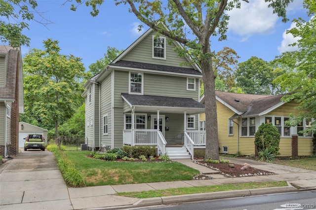 715 Gardenia Ave, Royal Oak, MI 48067 - view of front facade featuring covered porch, a front lawn, an outdoor structure, driveway, and a shingled roof