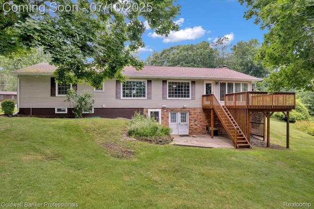 1526 Rulane Dr, Lapeer, MI 48446 - rear view of house featuring a wooden deck, a patio area, stairs, and a yard