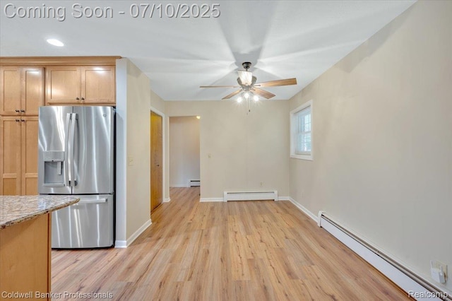 1526 Rulane Dr, Lapeer, MI 48446 - kitchen with stainless steel refrigerator with ice dispenser, baseboard heating, a ceiling fan, light wood-style floors, and recessed lighting