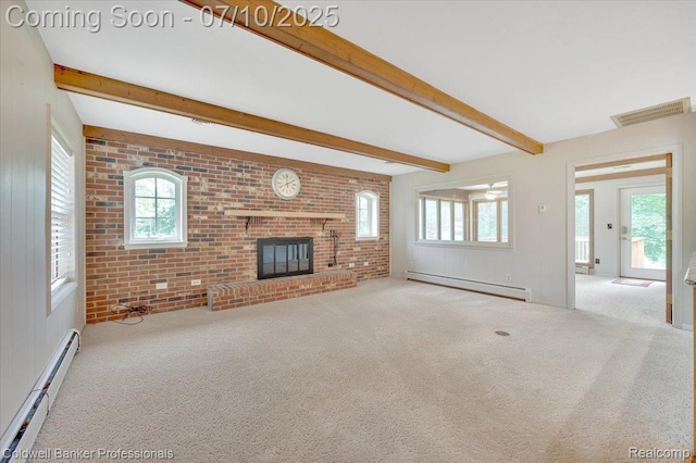 1526 Rulane Dr, Lapeer, MI 48446 - unfurnished living room with baseboard heating, beam ceiling, a fireplace, carpet floors, and brick wall