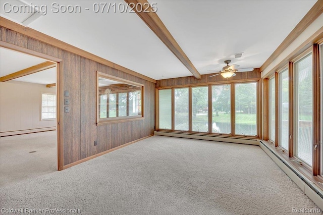 1526 Rulane Dr, Lapeer, MI 48446 - unfurnished sunroom with baseboard heating, carpet, wood walls, and beam ceiling