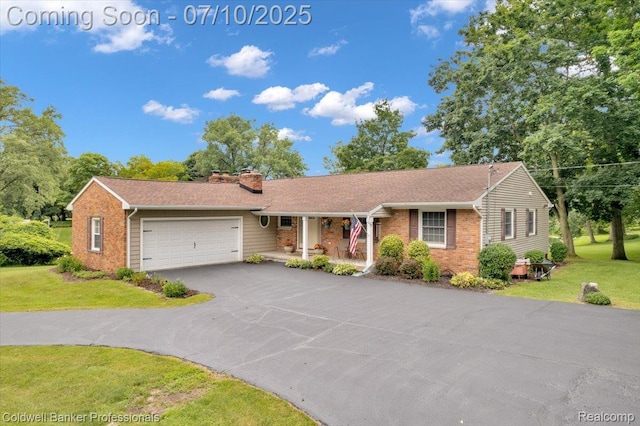 1526 Rulane Dr, Lapeer, MI 48446 - ranch-style home with brick siding, covered porch, asphalt driveway, a front yard, and a garage