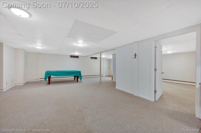 1526 Rulane Dr, Lapeer, MI 48446 - game room featuring a drop ceiling, a baseboard heating unit, carpet flooring, and billiards table