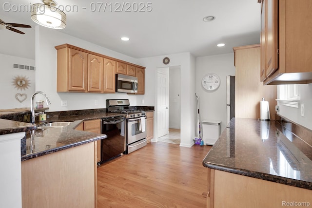1128 Andover Cir, Commerce Twp, MI 48390 - kitchen featuring appliances with stainless steel finishes, dark stone counters, a peninsula, recessed lighting, and light wood-type flooring
