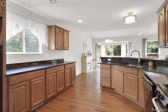 1128 Andover Cir, Commerce Twp, MI 48390 - kitchen with light wood finished floors, dishwasher, dark stone countertops, recessed lighting, and brown cabinetry