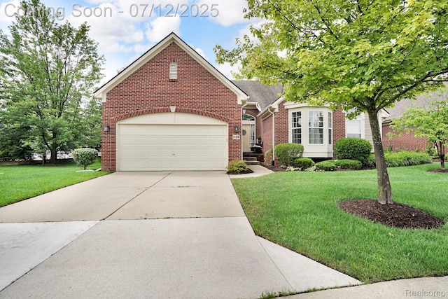 1128 Andover Cir, Commerce Twp, MI 48390 - view of front facade with brick siding, a front yard, concrete driveway, and an attached garage
