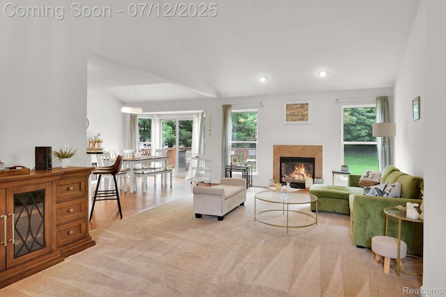 1128 Andover Cir, Commerce Twp, MI 48390 - carpeted living area with plenty of natural light, a glass covered fireplace, and recessed lighting