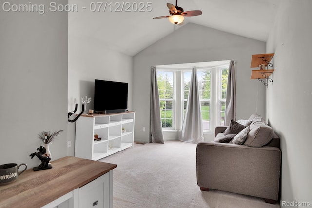 1128 Andover Cir, Commerce Twp, MI 48390 - living room featuring light colored carpet, lofted ceiling, and ceiling fan