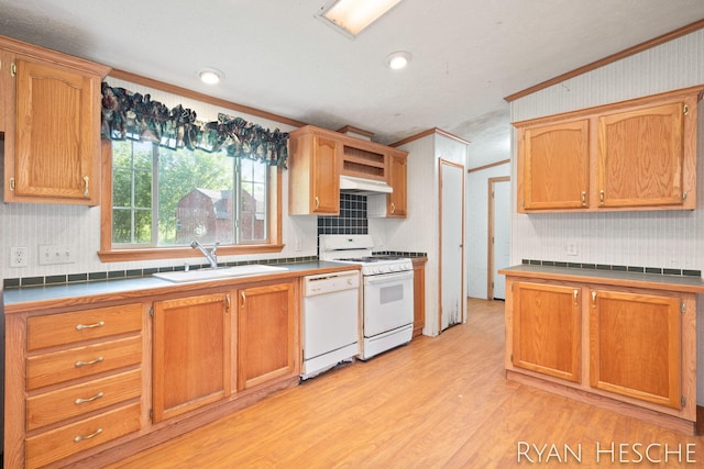 5886 W Clarksville Rd, Lake Odessa, MI 48849 - kitchen with white appliances, light wood-style flooring, ornamental molding, under cabinet range hood, and backsplash