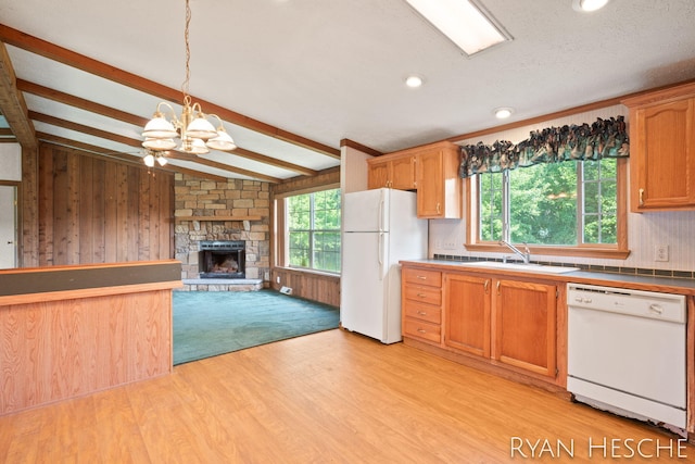 5886 W Clarksville Rd, Lake Odessa, MI 48849 - kitchen featuring white appliances, light wood-style flooring, a chandelier, pendant lighting, and recessed lighting