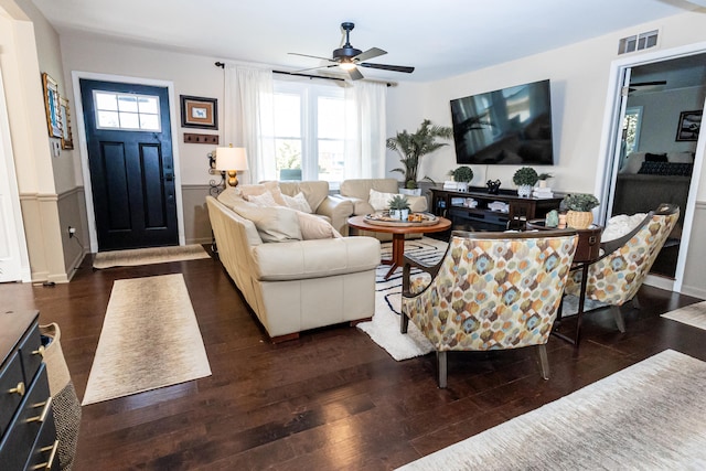 22515 E 10 Mile Rd, Saint Clair Shores, MI 48080 - living room featuring ceiling fan, wood finished floors, and a wainscoted wall