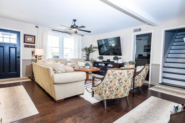 22515 E 10 Mile Rd, Saint Clair Shores, MI 48080 - living area with stairway, a ceiling fan, dark wood-style floors, and beam ceiling