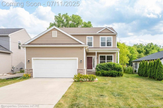2962 Iowa Dr, Troy, MI 48083 - traditional-style home with driveway, a front yard, stone siding, and an attached garage