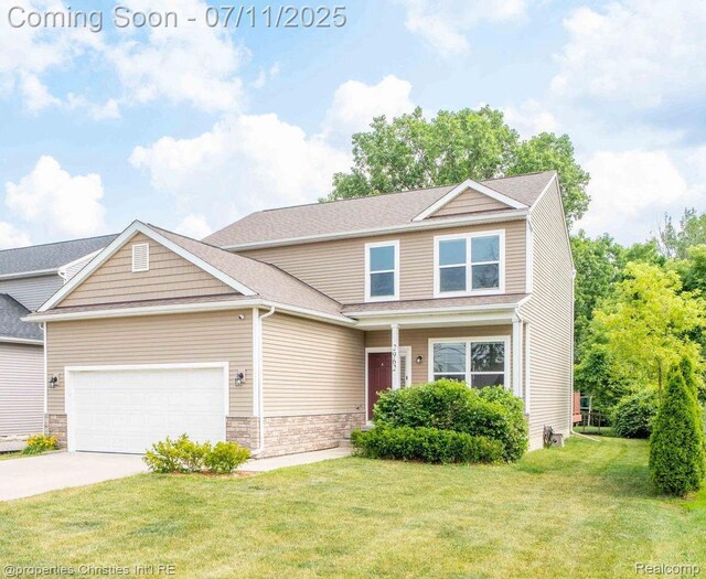 2962 Iowa Dr, Troy, MI 48083 - view of front of property featuring a garage, concrete driveway, a front lawn, stone siding, and roof with shingles