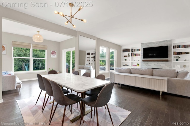 2962 Iowa Dr, Troy, MI 48083 - dining space featuring dark wood-style flooring, a chandelier, and built in shelves