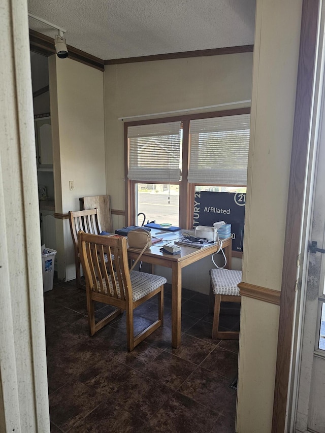 22460 Klines Resort Lot 117, Three Rivers, MI 49093 - dining room featuring an office area, a textured ceiling, and ornamental molding