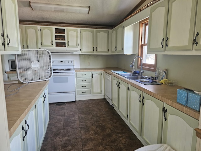 22460 Klines Resort Lot 117, Three Rivers, MI 49093 - kitchen with white appliances, exhaust hood, light countertops, a textured ceiling, and dark stone finish flooring